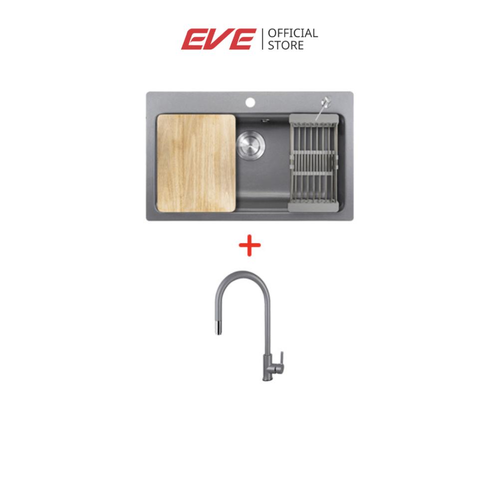 อ่างล้างจานหินแกรนิต EVE ANDES 760/480 GREY แถม AZTAC II GREY 